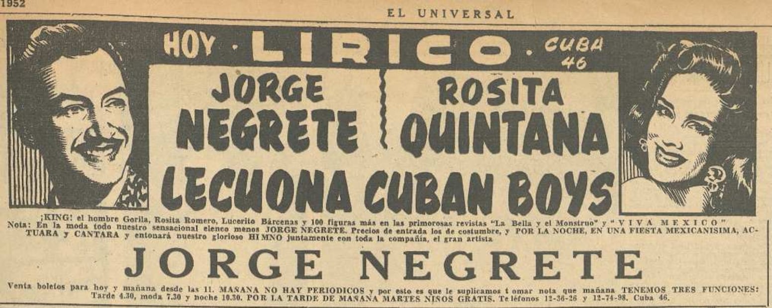 Jorge Negrete interpretó el Himno Nacional Mexicano en el Teatro Lírico en 1952. La argentina Rosita Quintana también integró la cartelera de esta noche mexicana. Hemeroteca EL UNIVERSAL.