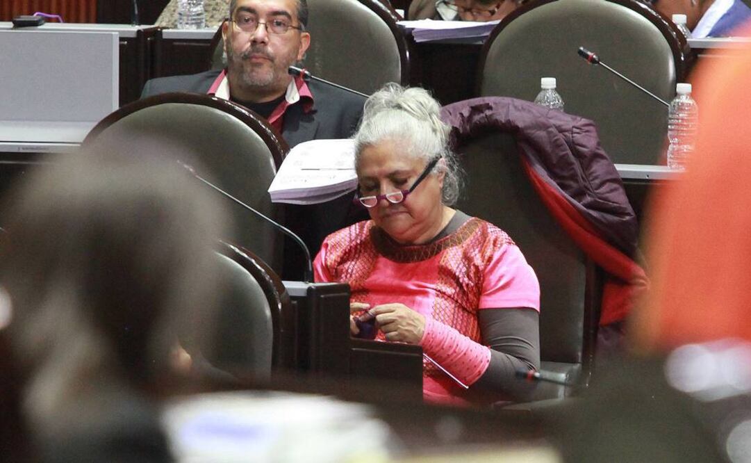 Esquivel se ha dejado ver tejiendo, en la Cámara de Diputados. Tras las primeras críticas, llevó al pleno un cartel en el que se podía leer: Recomponiendo el tejido social. FOTO: Lucía Godínez/EL UNIVERSAL.