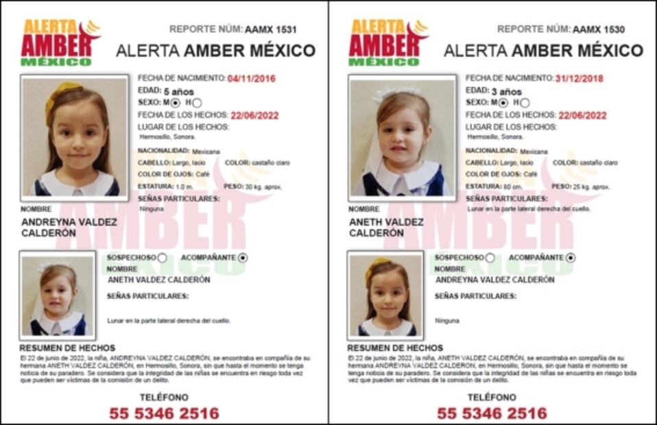 Emiten Alerta Amber para localizar a dos hermanas de 3 y 5 años desaparecidas en Hermosillo, Sonora