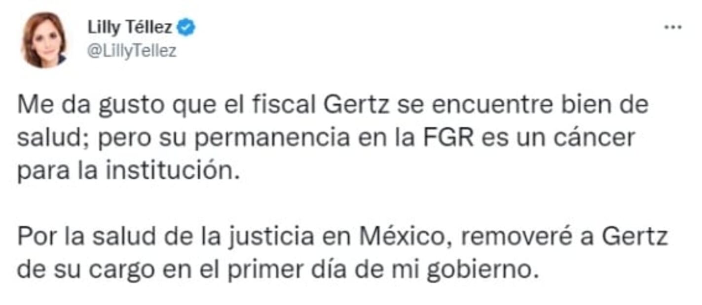 Lilly Téllez manda mensaje al fiscal Gertz Manero “por la salud de la justicia”
