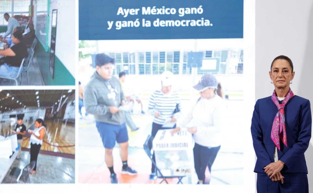 Claudia Sheinbaum, presidenta de México, durante la mañanera del 2 de junio del 2025 en Palacio Nacional. Foto: Diego Simón / EL UNIVERSAL