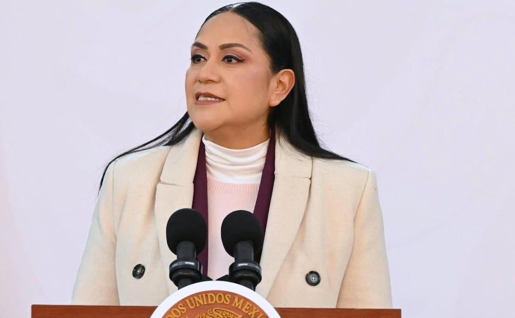 Ariadna Montiel Reyes, titular de la Secretaría de Bienestar durante conferencia de prensa de la presidenta Claudia Sheinbaum en Michoacán (06/02/2026). Foto: Presidencia