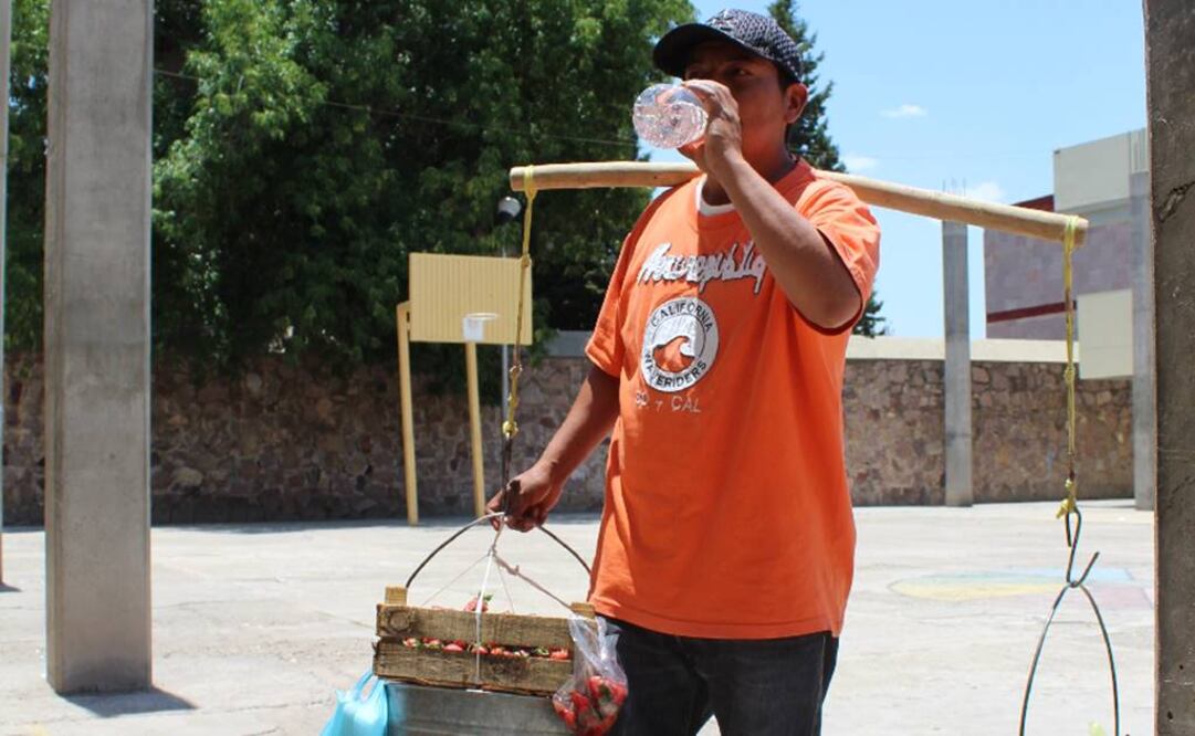 Rito Jacobo Cordero, de 39 años, diariamente carga sobre sus hombros cerca de 70 kilos distribuidos en dos cubetas llena de fresas, chabacanos, nopalitos y pan de rancho. (FOTO: Irma Mejía. EL UNIVERSAL)