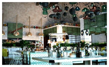 Una cocina con paisaje caribeño