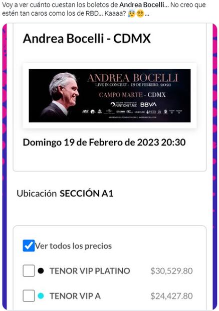 Hasta 30 mil pesos por ver a Andrea Bocelli en concierto: Usuarios se quejan en redes