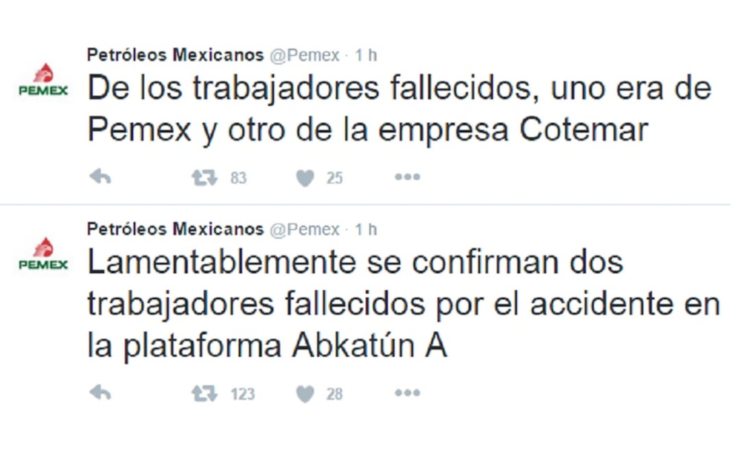 One of the deceased workers was a Pemex employee while the other one worked for Cotemar, said Pemex on Twitter, adding that ine accident also left nine injured workers. (Photo: @Pemex)