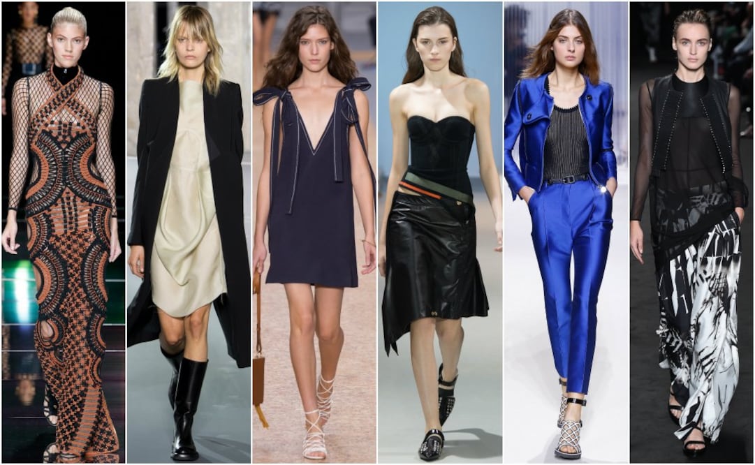 De izquierda a derecha: Propuestas de Balmain, Rick Owens, Chloé, Paco Rabanne, Carven, y Ann Demeulemeester