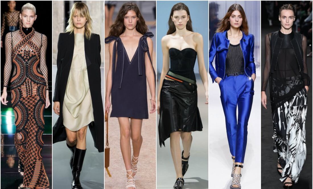 De izquierda a derecha: Propuestas de Balmain, Rick Owens, Chloé, Paco Rabanne, Carven, y Ann Demeulemeester