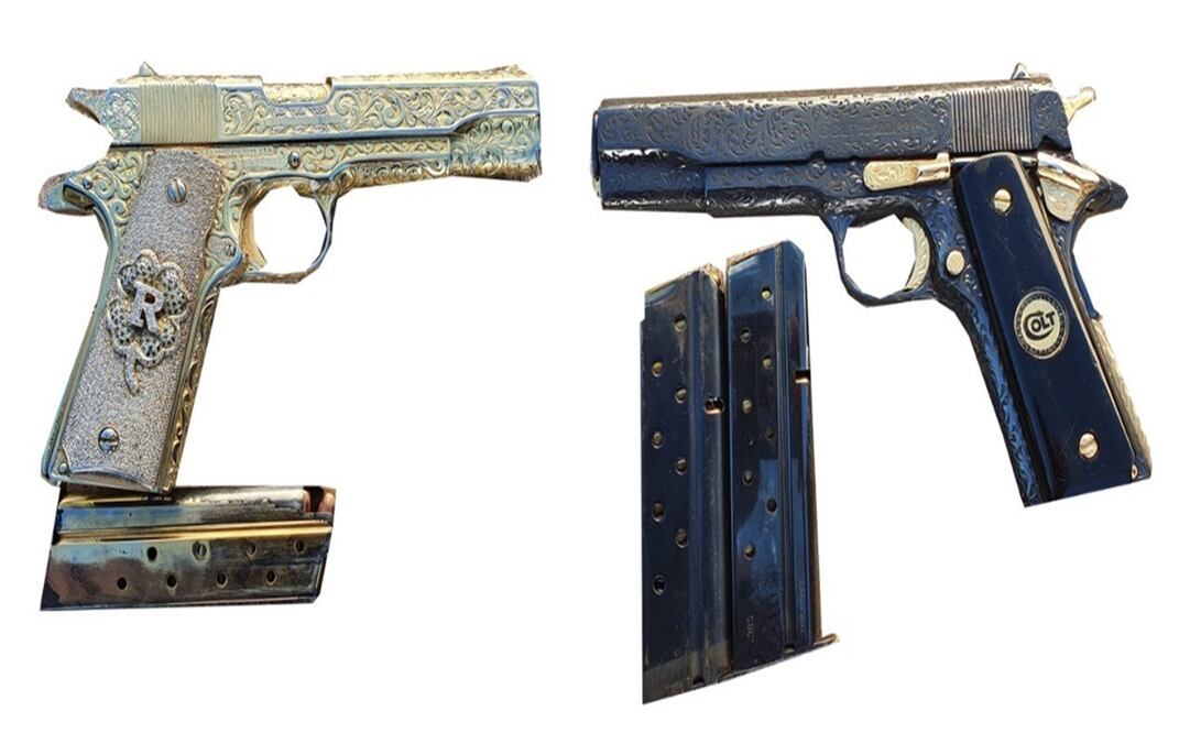 Armas cortas aseguradas a sujetos detenidos en Sinaloa. Foto: Especial 