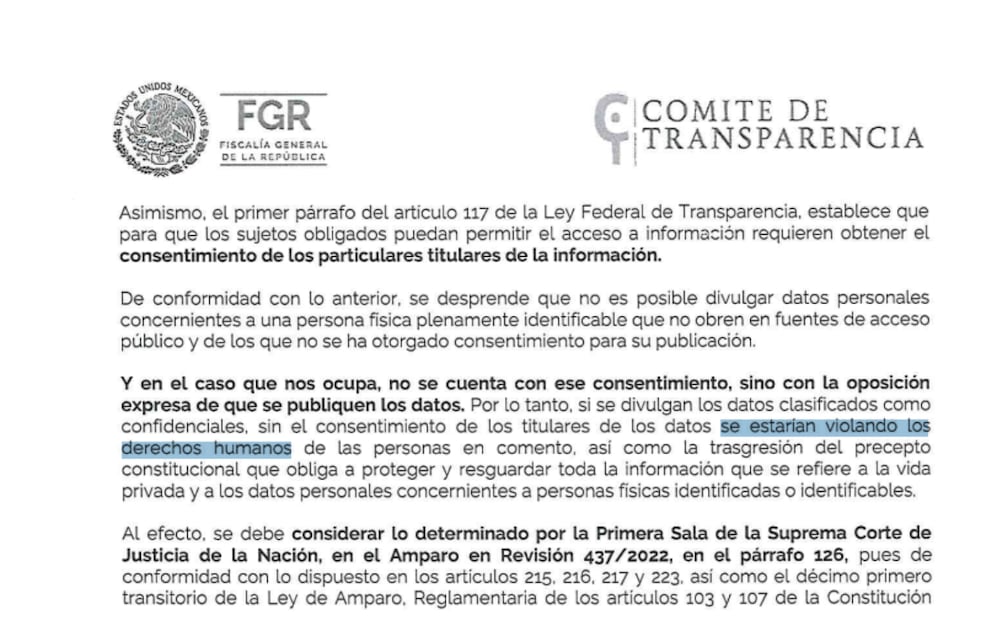 Comité de Transparencia de la FGR, en sesión extraordinaria el 3 de mayo de 2024, señala que si el titular no da su consentimiento se estarían violando sus derechos humanos. | Foto: Captura de pantalla del documento.