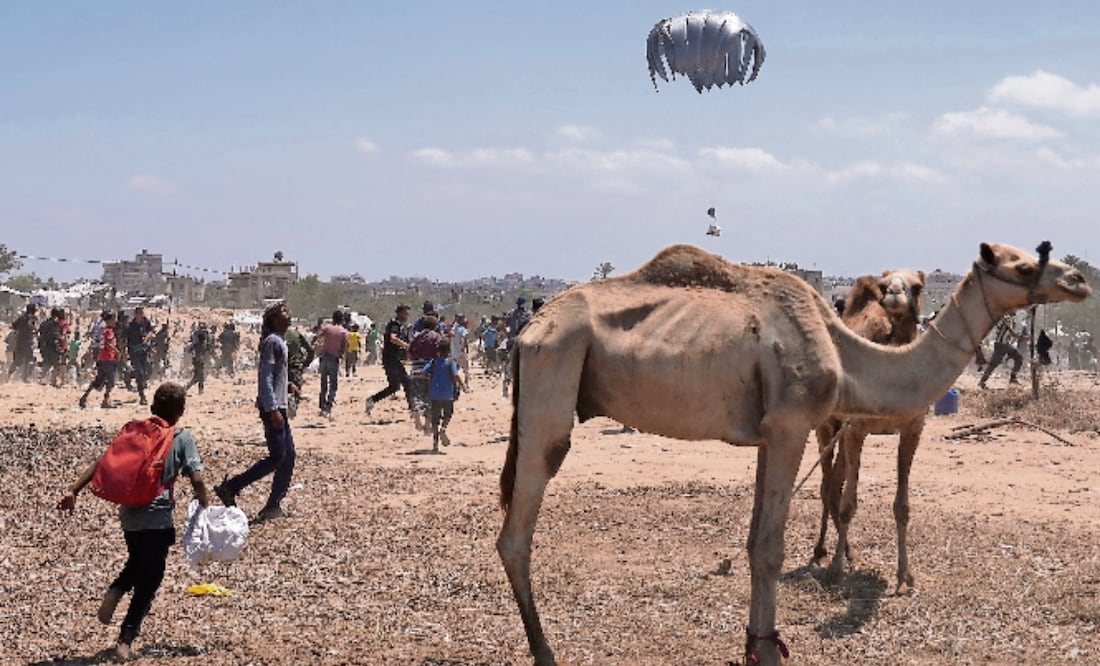 Palestinos corren para recoger ayuda humanitaria que varios países lanzaron desde el aire. Según Israel, 120 paquetes de comida fueron lanzados en las últimas horas, aunque la ONU afirma que es insuficiente y reclama acceso seguro a sus camiones. Con palos y puños, la gente defendió lo que había recolectado. Foto: Kareem Hana / AP