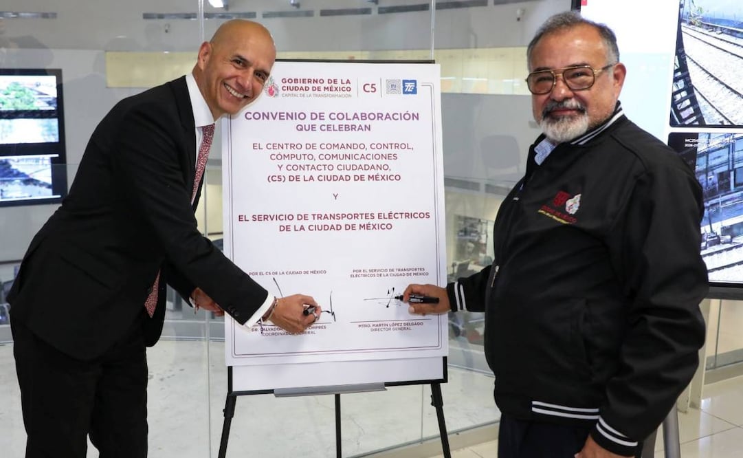La firma del convenio fue realizada por el director general del STE, Martín López Delgado; y el Coordinador General del C5, Salvador Guerrero Chiprés. Foto: Especial