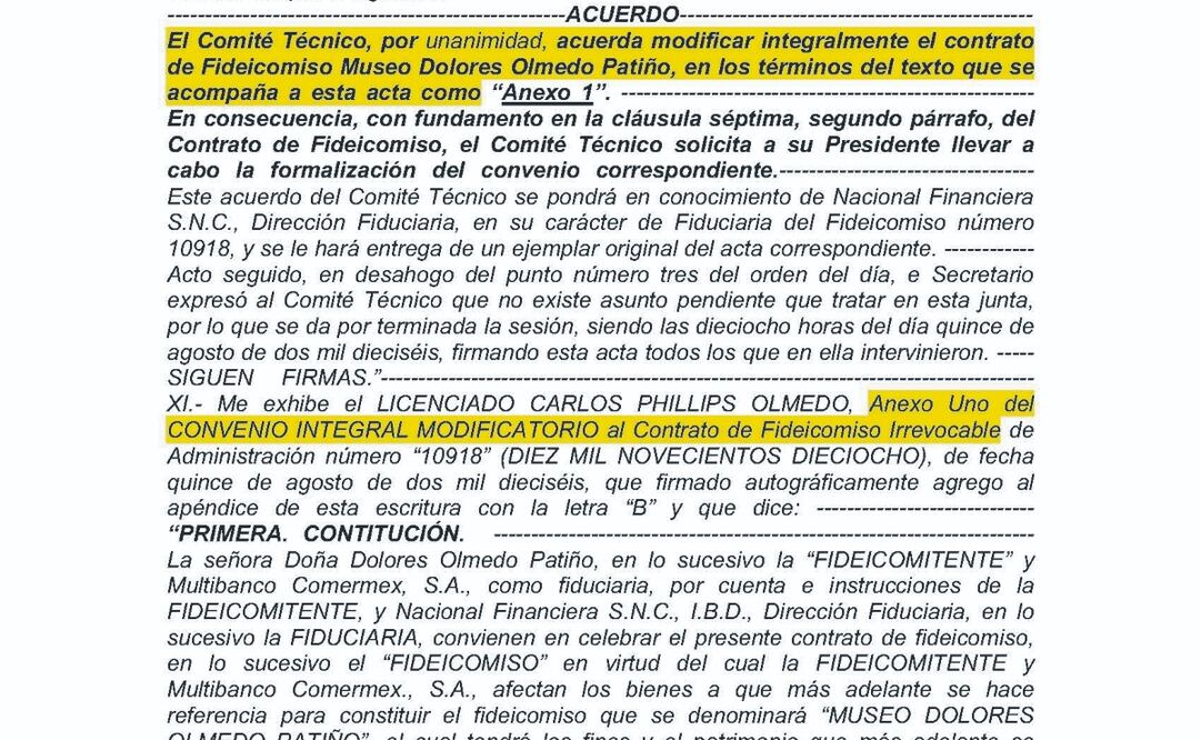 Con fecha del 17 de marzo de 2020, se modificó "integralmente el contrato del Fideicomiso Museo Dolores Olmedo Patiño" para sustituir a Nacional Financiera, a solicitud de Carlos Phillips. Créditos: Hilda Trujillo