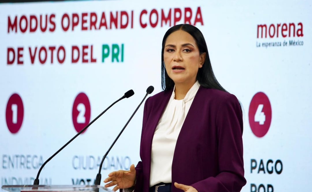 La presidenta nacional de Morena, Ariadna Montiel Reyes, en conferencia de prensa este martes 9 de junio de 2026. Foto: Especial