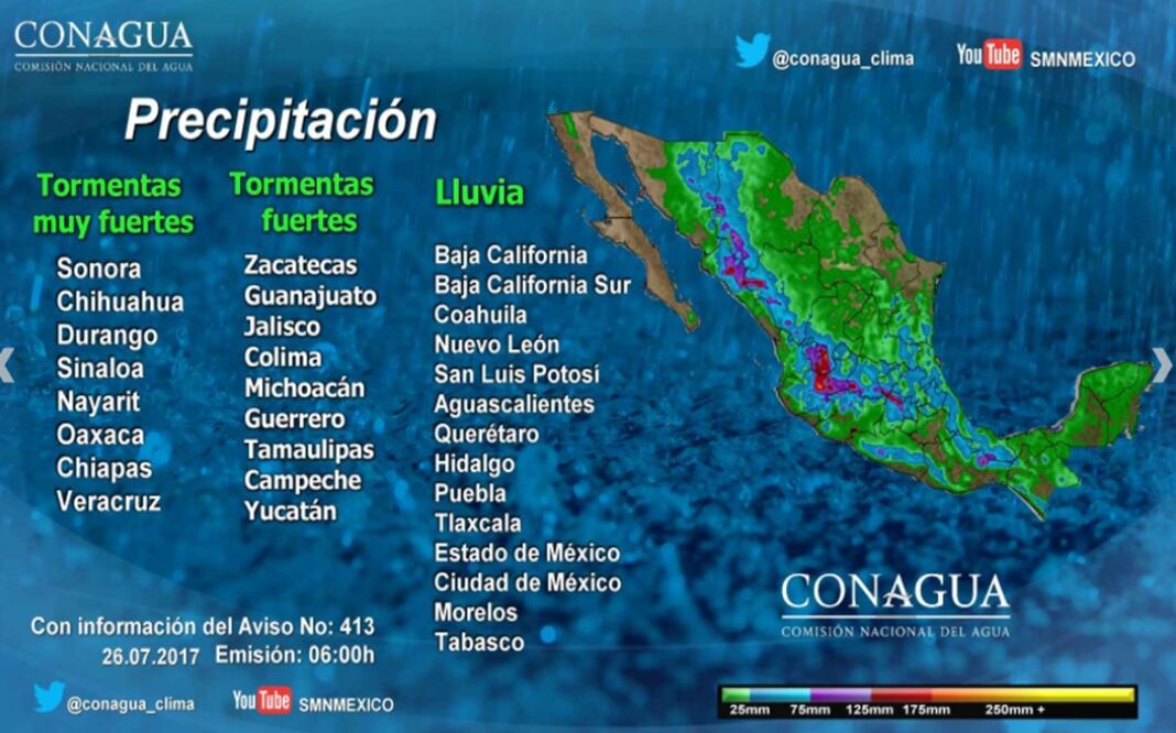 Estas condiciones serán originadas por la Onda Tropical Número 19 y por un canal de baja presión extendido en el noroeste y el occidente de México. Foto: http://smn.cna.gob.mx/