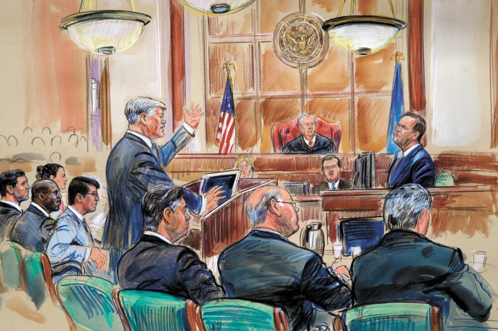 Ilustración del segundo día de testimonios de Rick Gates en el juicio contra su ex jefe, Paul Manafort, en la corte de Alexandria, Virginia. (AP)