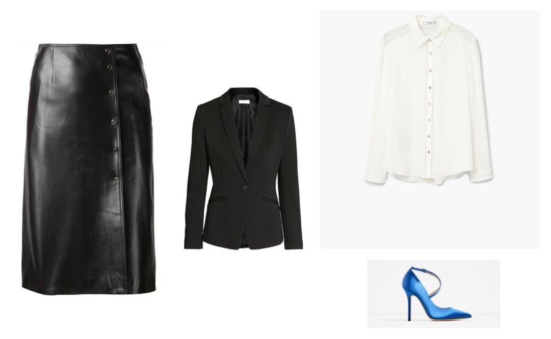 Formal: Falda midi Fleur Du Mal Farfetch.com $26,933; Blazer H&M $499; Camisa Mango $899; Zapatos Zara $899.