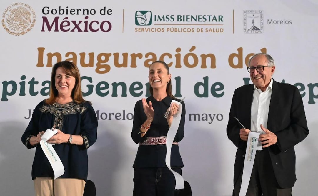 La gobernadora de Morelos, Margarita González Saravia, la presidenta de México, Claudia Sheinbaum, y el secretario de salud, David Kershenobich, en la inauguración del Hospital General de Jiutepec. Foto: Presidencia de México