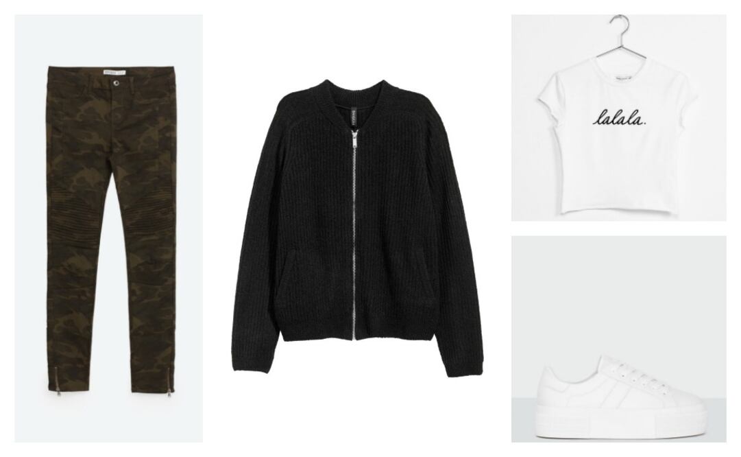 Cárdigan H&M $499; Pantalón Zara $699; Camiseta Bershka $199; Tenis Pull&Bear $599