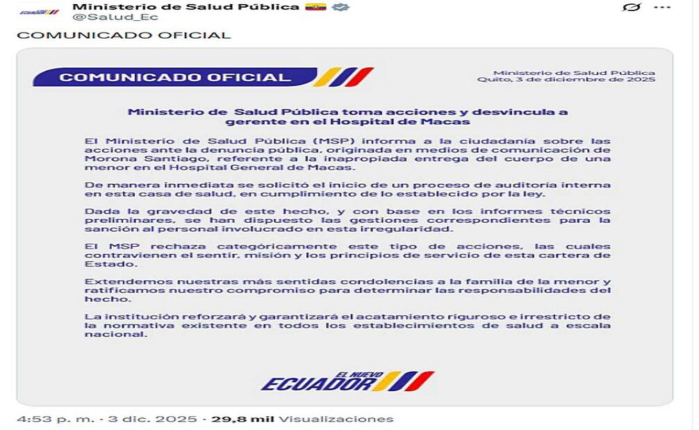 Comunicado del Post
Ministerio de Salud Pública de Ecuador. Foto: X @Salud_Ec