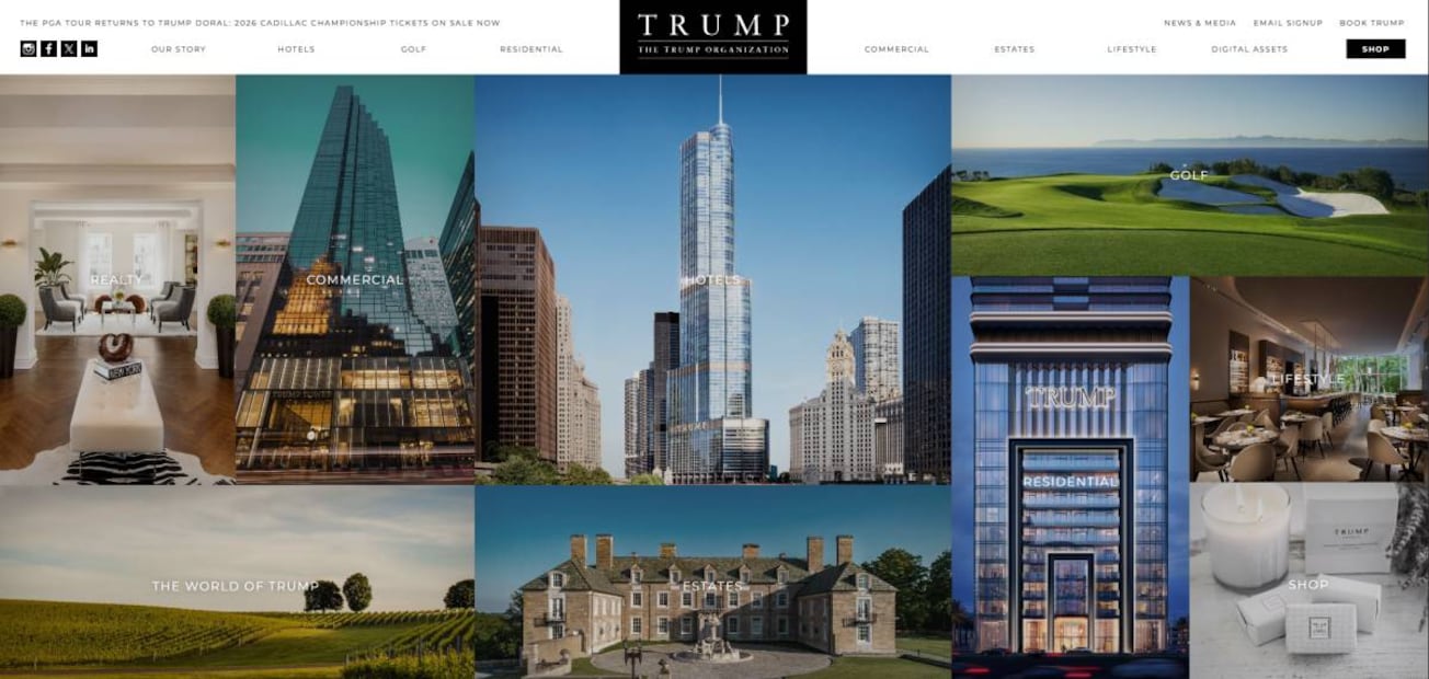 Página principal del negocio de bienes raíces de Donald Trump. (13/04/26) Foto: Captura de pantalla