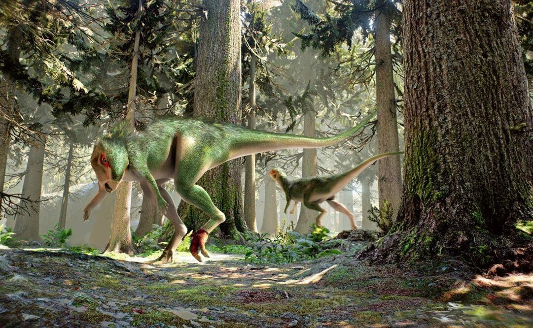 Reconstrucción de dos ejemplares de Othnielosaurus en su entorno en lo que hoy es América del Norte. Uno de ellos presenta una cojera debido a varias patologías que sufría en su pie izquierdo. Imagen: José Antonio Peñas (SINC)