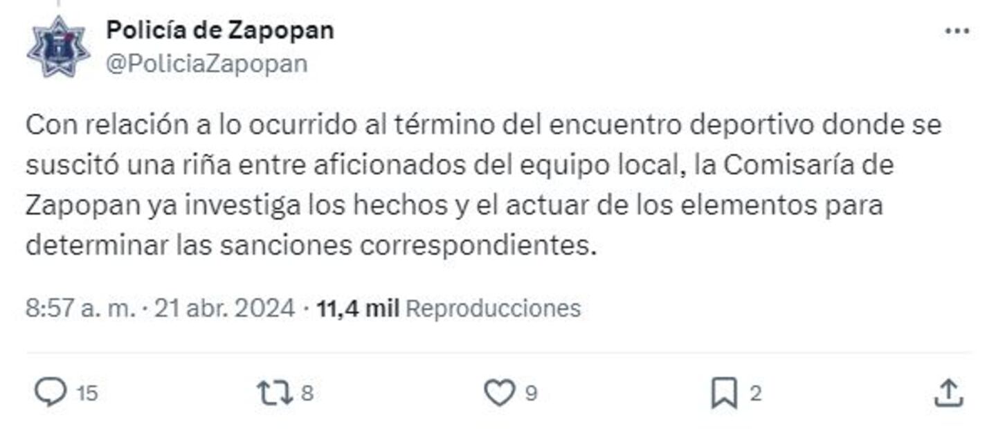 Tuit de la Policía de Zapopan - Foto: @PoliciaZapopan en X