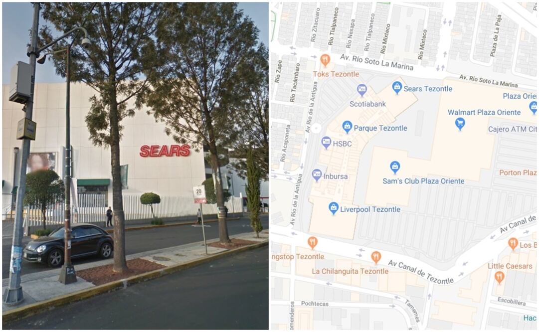 Aspectos de la fachada de la tienda robada y ubicación del centro comercial. (Fotografía: Especial)