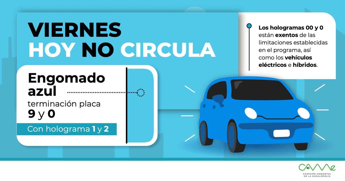 El #HoyNoCircula del viernes 31 de marzo en la #ZMVM aplica para los vehículos con engomado azul terminación de placas 9 y 0, holograma 1 y 2, y permisos. Foto: Came