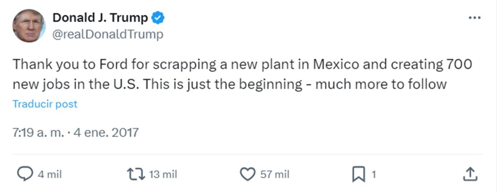 Agradecimiento del entonces presidente electo de Estados Unidos, Donald Trump, por cancelar la planta automotriz en México. Foto: captura de pantalla