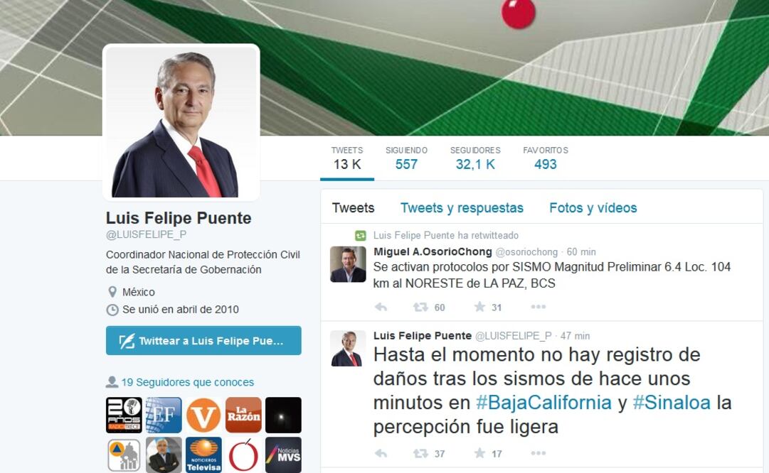 A través de su cuenta de Twitter, el coordinador nacional de Protección Civil, Luis Felipe Puente, puntualizó que la percepción de los movimientos telúricos fue ligera (TOMADA DE TWITTER)