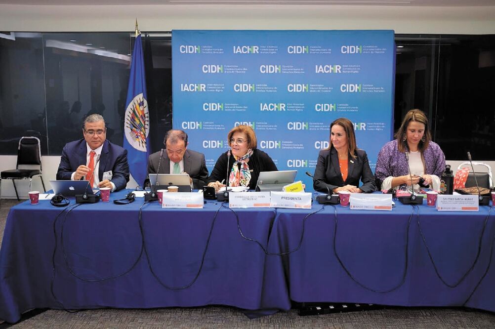 Luis Ernesto Vargas, relator de migrantes y desplazados del organismo interamericano (izquierda), ayer en la sesión de la CIDH. Foto/TOMADA DE TWITTER 