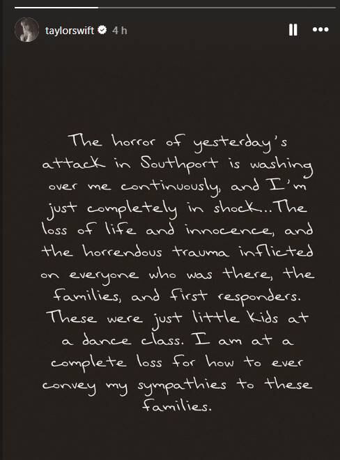 Taylor Swift y sus condolencias por las víctimas del acuchillamiento múltiple de Southport (noroeste de Inglaterra)