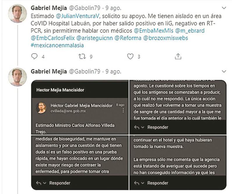 Héctor Mejía pidió ayuda vía Twitter, tras estar aislado en Malasia desde hace semanas. ESPECIAL