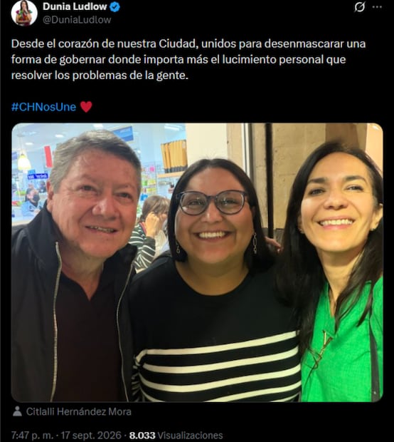 Tuit de Dunia Ludlow apoyando a Citlalli Hernández (22/09/2026). Foto: X @DuniaLudlow