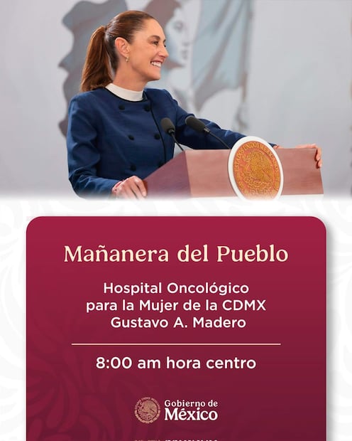 La presidenta Claudia Sheinbaum informó que mañana lunes 9 de marzo la conferencia matutina se realizará desde el Hospital Oncológico para la Mujer de la Ciudad de México. Foto: Presidencia