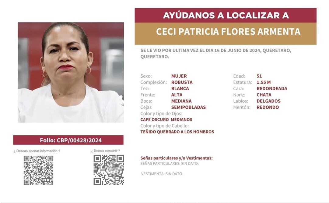 Ficha de búsqueda de Ceci Flores, líder del colectivo Madres buscadoras de Sonora. Foto: Especial