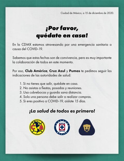 América, Pumas y Cruz Azul se unen en mensaje contra el Covid-19