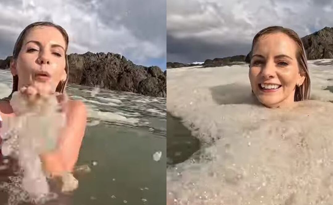 La influencer Michelle Sky se sumergió en lo que pensaba era espuma del mar, sin imaginar que en realidad se trataba de aguas negras contaminadas. Foto: Captura de video