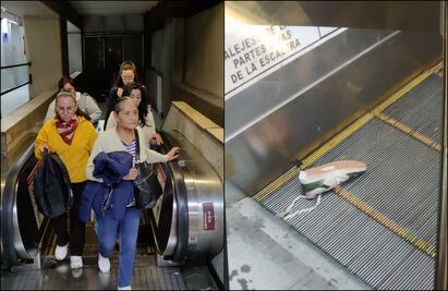 Usuaria del Metro sube escaleras al revés y se atora tenis por cordón suelto