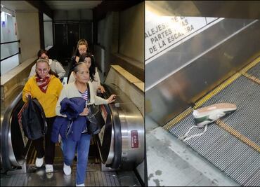 Usuaria del Metro sube escaleras al revés y se atora tenis por cordón suelto