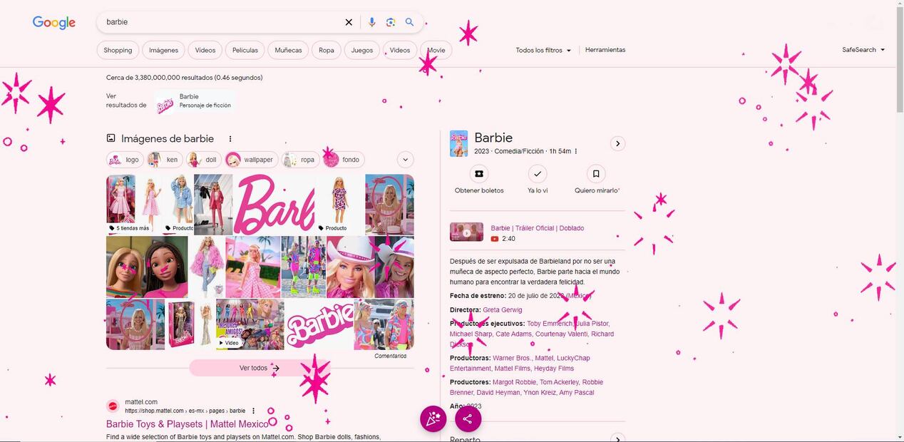 Cuando un usuario hace la búsqueda de Barbie en Google un efecto lo sorprende. / Foto: captura de pantalla. 