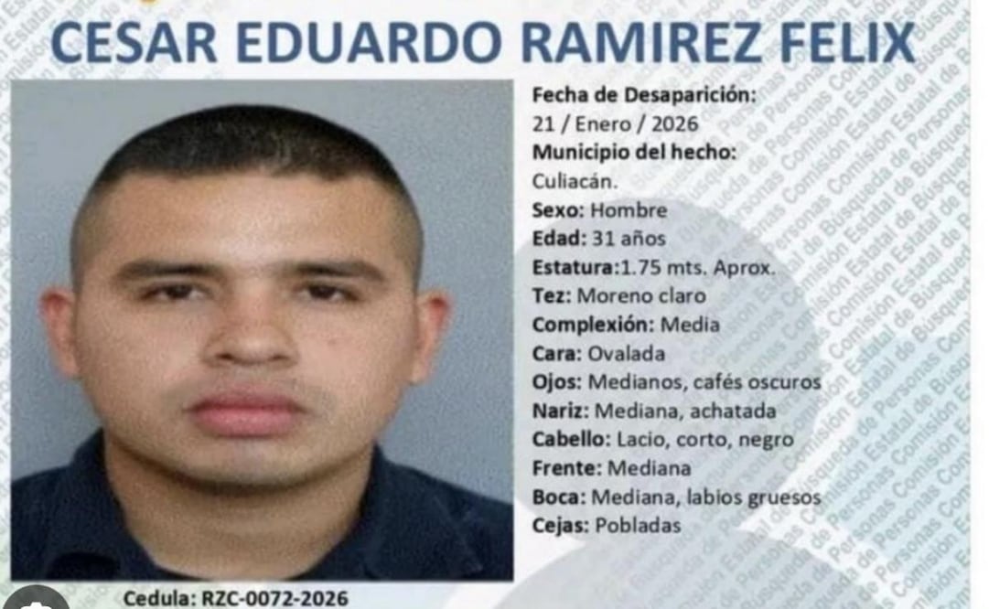 Reportan como desaparecido a César Eduardo Ramírez Félix, policía de Culiacán  (21/01/2026). Foto: Especial