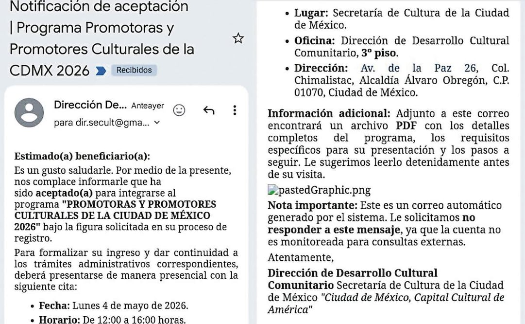Capturas de pantalla de los correos electrónicos con información falsa que
recibieron los promotores culturales hace 10 días. Foto: Especial