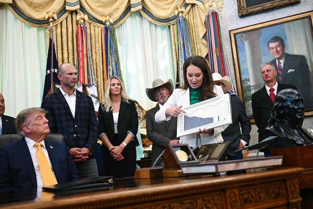El presidente de EU, Donald Trump, escucha a la secretaria de Agricultura de EU, Brooke Rollins (derecha), hablar antes de que el mandatario firme órdenes ejecutivas relacionadas con el procesamiento de carne de res y los ganaderos. Foto: AFP