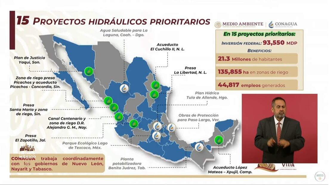 Se presentan en la mañanera avances de obras hidráulicas. Foto: Captura de pantalla