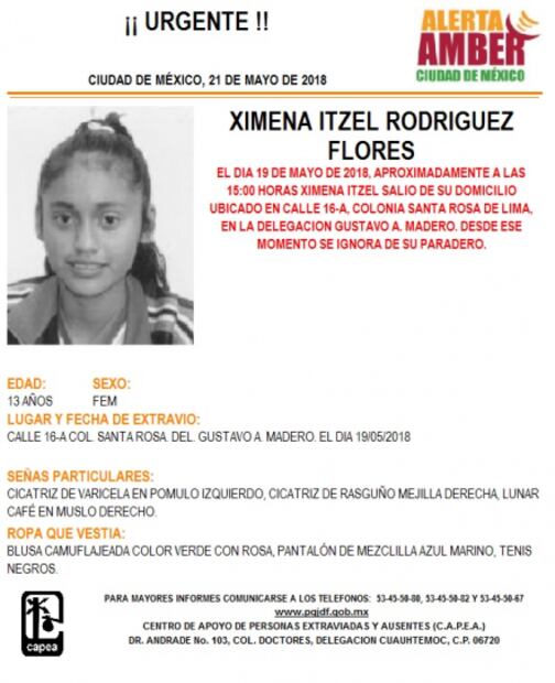 Alerta Amber. Buscan a Ximena Itzel en Gustavo A. Madero