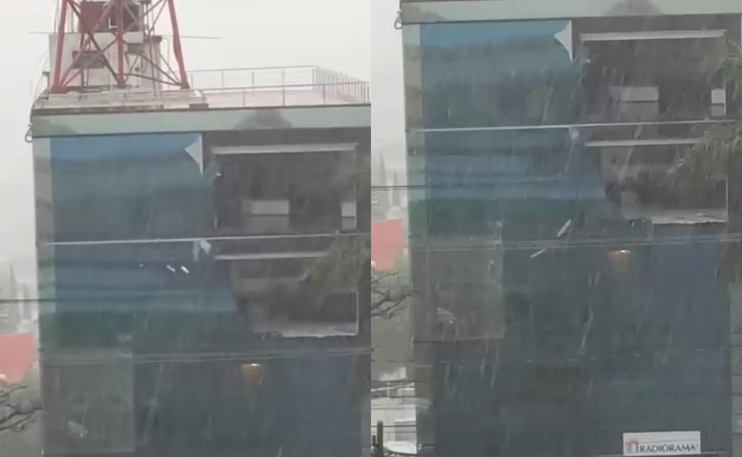 Los cristales del último piso del edificio de la estación de Radiorama, se rompieron luego de las lluvias registradas en Morelos (09/05/2025). Foto: Especial