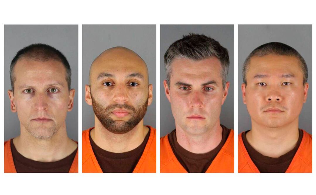 De izquierda a derecha: Derek Chauvin, J. Alexander Kueng, Thomas Lane y Tou Thao, policías encargados de someter a George Floyd. Foto: AP