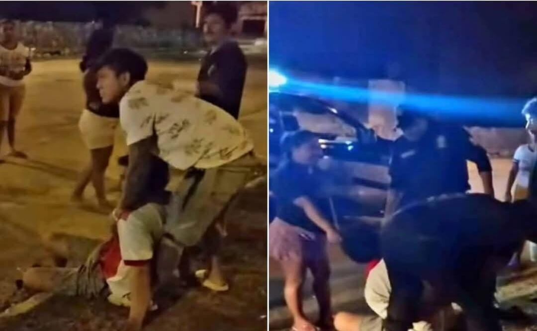 Vecinos de Umán detuvieron a un individuo que con un machete amenazaba a niños en un parque. Lo entregaron a la policía municipal. Foto: Especial